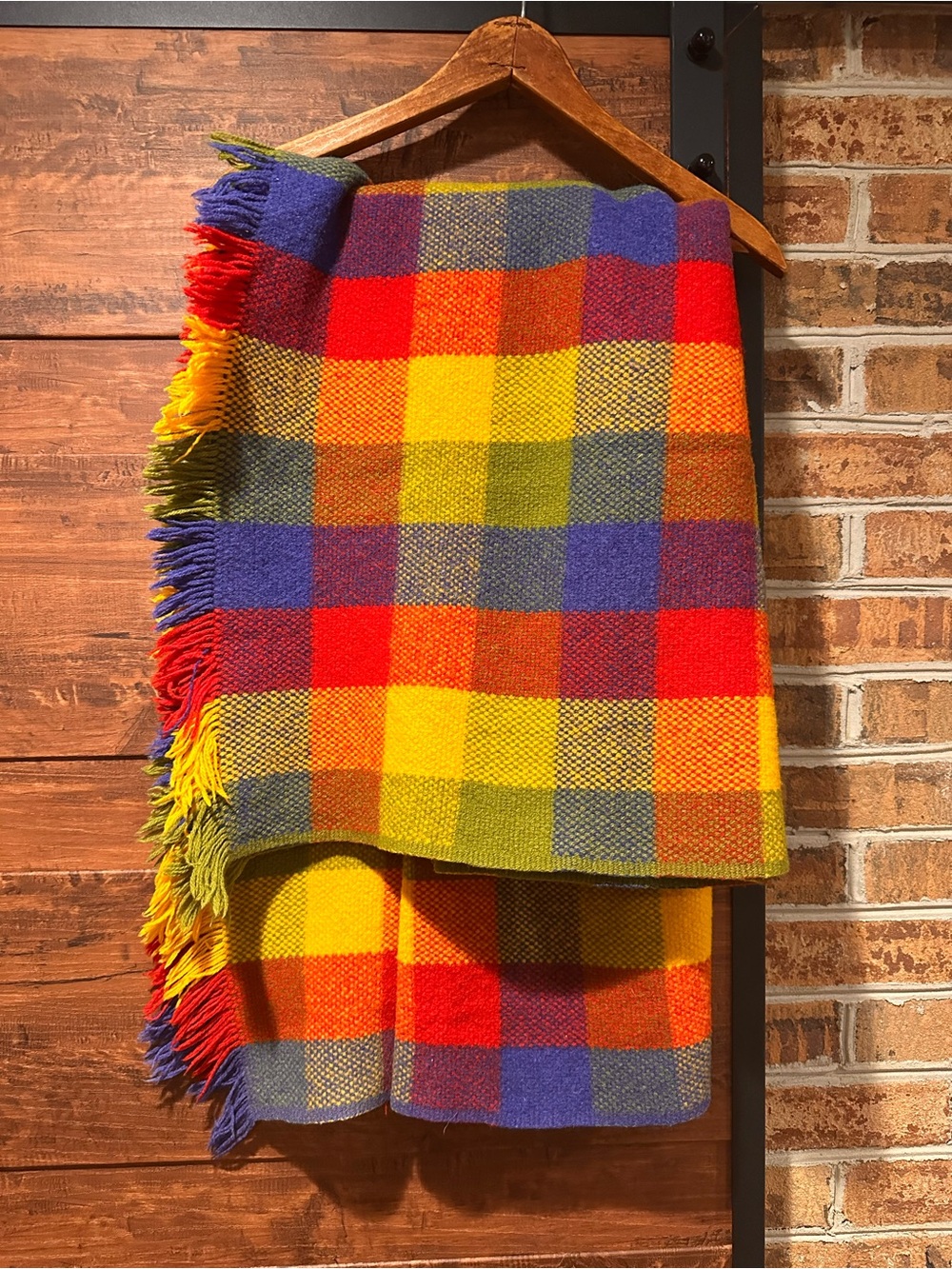 Vtg 60s 70s Mid Century Modern MCM Rainbow Checkered Wool Fringed Blanket Throw